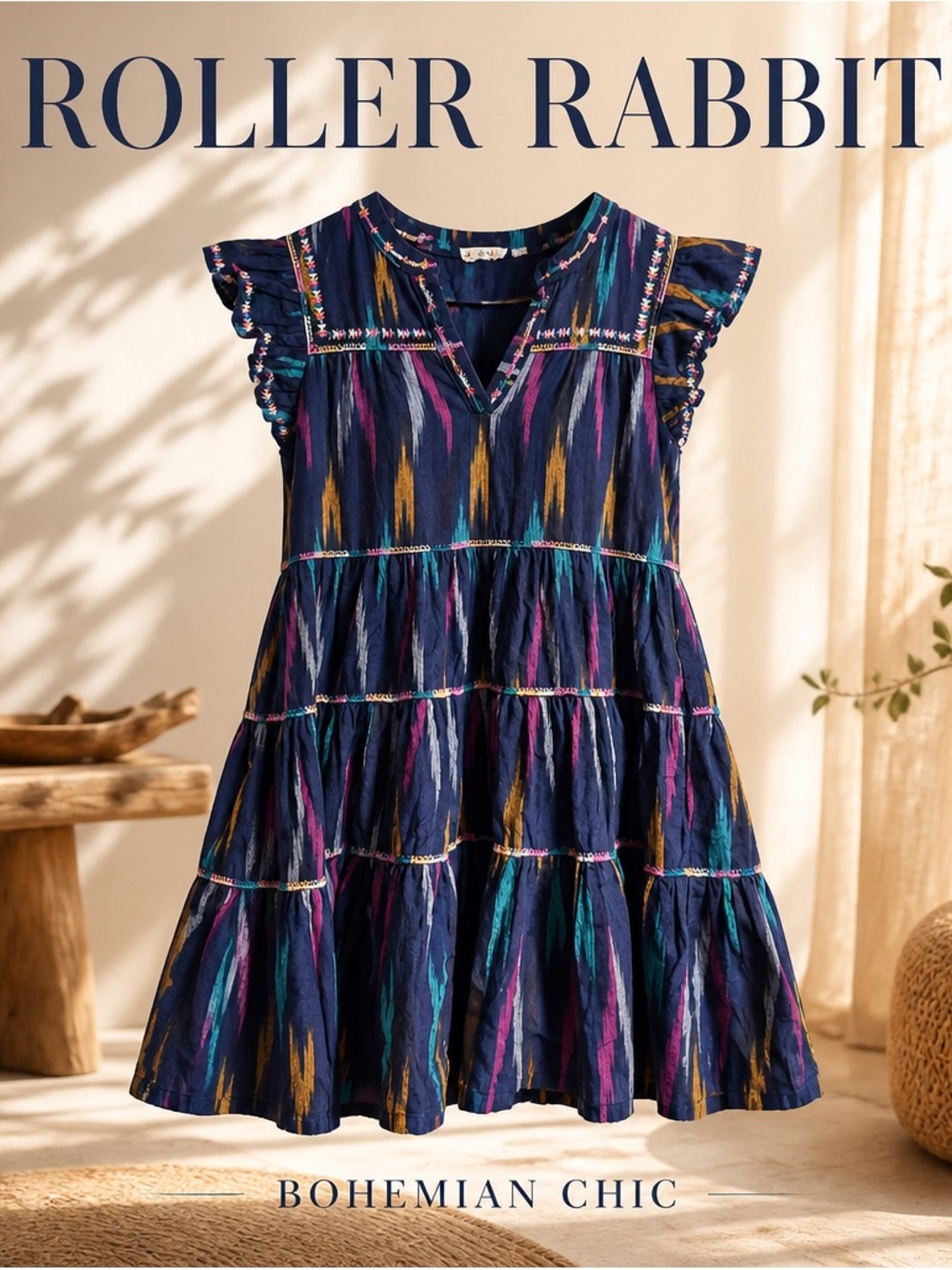 Roller Rabbit Navy Bohemian Tiered ruffle Dress 100% cotton sz Small